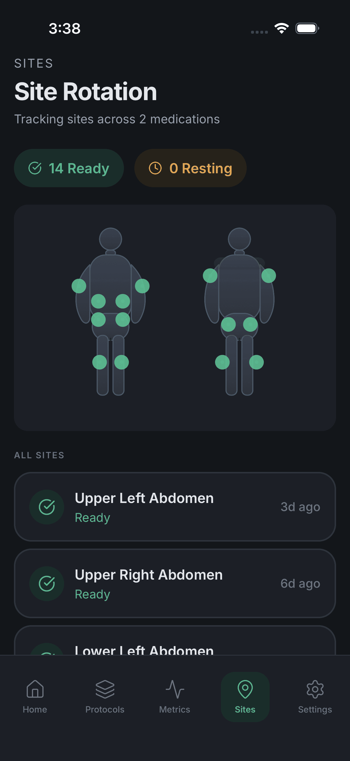 Injection site rotation map showing ready and resting sites with color-coded status indicators