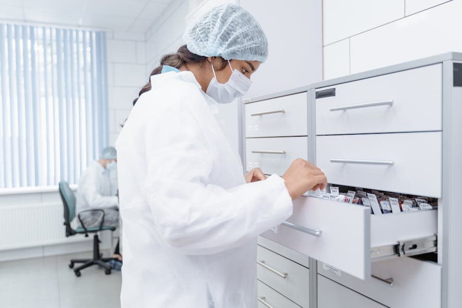 Scientist checking samples in temperature-controlled laboratory storage drawers