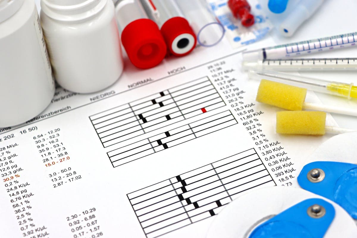 A printed lab results sheet with highlighted values next to a coffee mug on a kitchen table